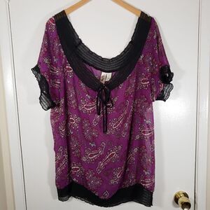 Later Brand Sheer Paisley Print Purple and Black Plus Size Blouse Size 2X